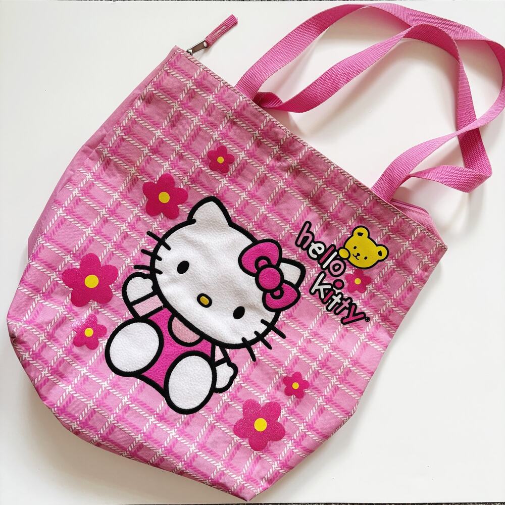 Hello Kitty Pink Plaid Flower Bear Zipper Tote Bag